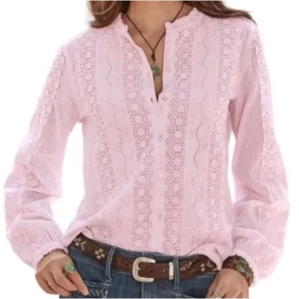 Sundance Eyelet Swiss Dot Button Down Linen-like Blouse